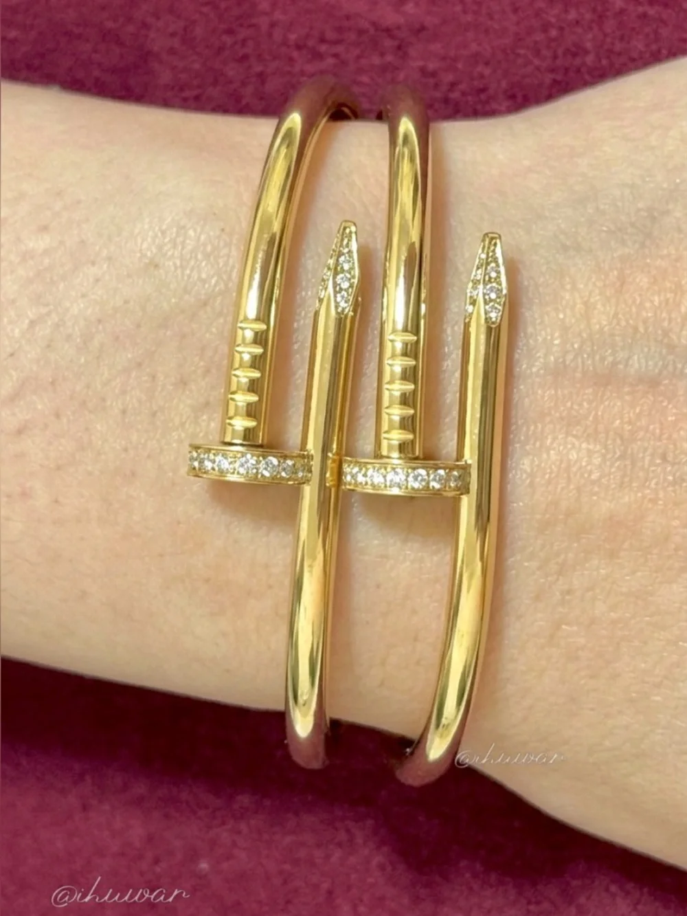Nail Bangle Bracelet 18k Gold Plated Unisex CZ Pave - Picture 12 of 13